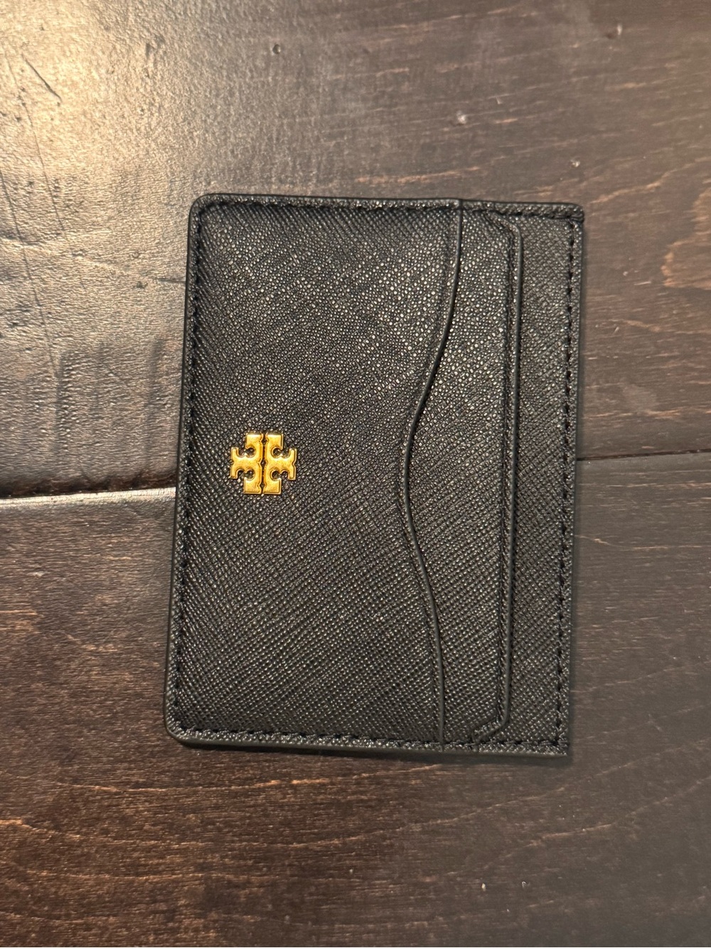 Tory Burch Black Saffiano Leather Card Holder with Gold Logo